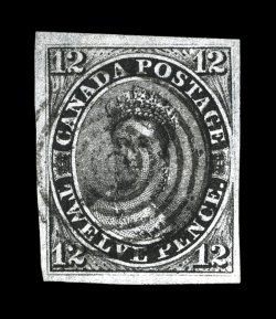3, 1851 12c Black on laid paper, a stunning example featuring especially deep rich color and an intense early impression, four margins that are exceptionally large, neatly
cancelled by a light strike of the seven-ring target postmark, extremely