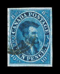7, 1855 10p Blue on thin paper, large even margins all around, deep luxuriant color and a superbly detailed impression, light unobtrusive cancel, extremely fine an especially
desirable example of this scarce classic 1957 RPS and 1994 PF certif