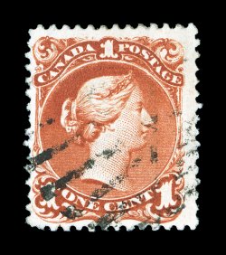 31, 1868 1c Brown red on laid paper, handsome example of this very rare paper variety, vibrant rich color and well incised impression, quite well centered, light grid cancel,
very fine a key major number of the Large Queen series, exceeded in r