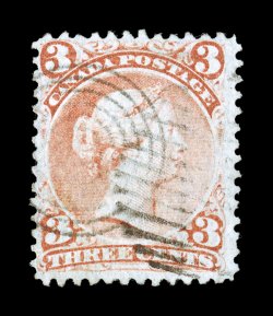 33, 1868 3c Bright red on laid paper, pastel shade, light cancel, fine 2005 Greene Foundation certificate (Unitrade C$1,000.00).