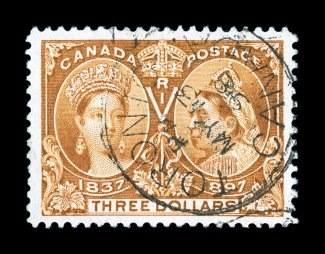 63, 1897 $3.00 Jubilee, an eye-catching single that is marvelously well centered amid incredibly wide margins, gorgeous rich color and a sharp detailed impression, light
Toronto c.d.s., extremely fine gem (Unitrade C$1,500.00).
