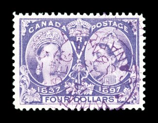 64, 1897 $4.00 Jubilee, exceptionally well centered within large margins, strong rich color on bright white paper, light violet Winnipeg c.d.s., extremely fine (Unitrade
C$1,500.00).