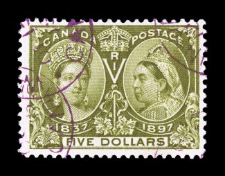 65, 1897 $5.00 Jubilee, deeply rich color and impression, light violet Winnipeg c.d.s. postmarks, very fine accompanied by a 1971 certificate of opinion by Robson Lowe
(Unitrade C$1,500.00).