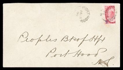 88C, 1899 2(c) Violet Port Hood handstamp surcharge on 23 of 3c Carmine, a single of this very rare provisional surcharge tied to a locally addressed cover, with a clear strike
of Port HoodN.S.Ja 599 first day c.d.s. tying the stamp and