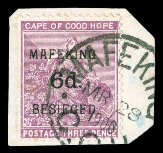 165 var., 1900 6p Mafeking surcharge on 3p Magenta, missing comma after Mafeking variety, position 5 in the setting, fresh single tied to small piece by MafekingC.G.H.MR 29
1900 c.d.s., very fine variety is mentioned but not priced in Sta