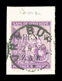 N3, 1900 2 Pence on 6p Violet Vryburg surcharge, tied to piece by Vryburg c.d.s. dated 25.11.99, bright and fresh, fine (S.G. 3 £500).