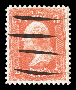 74, 3c Scarlet, brilliant color and impression, without any of the surface mottling that affects a large percentage of existing examples, four neat pen-stroke cancels,
uncharacteristically well centered and margined, still with original gum, ver