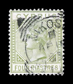 14, 1881 4pi Olive green, a highly select example, exceptionally well centered, fresh color, light Nicosia squared circle pmk., very fine and choice 2002 BPA certificate (S.G.
14 £275).