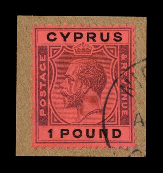 110, 1924 £1 Violet and black on red, tied to piece by a portion of Nicosia c.d.s., strong colors and intense impressions, well centered, very fine a difficult stamp to find
postally used 1999 BPA certificate (S.G. 102 £750).