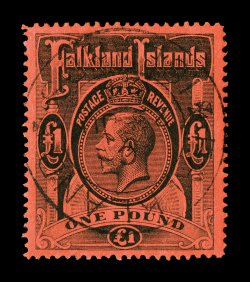 30-40, 1912-14 12p-£1 King George V definitives cplt., lovely used set, 6p and 5- Brown red tied to piece, strong colors throughout, mostly well centered, neat c.d.s.
postmarks, very fine (S.G. 60-69 £1,000).