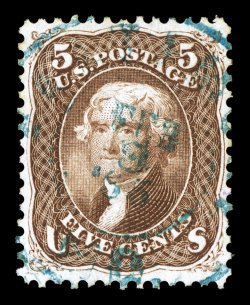 76, 5c Brown, beautiful used example that is remarkably well centered within much larger margins than typically associated with the Five Cent value, sumptuously rich color and
an excellent clarity of impression, marvelously cancelled by a light<