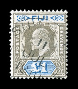 69, 1903 £1 Gray and ultramarine, scarce postally used single, bright and fresh, light Suva 11.7.10 c.d.s., very fine 1999 BPA certificate (S.G. 114 £400).