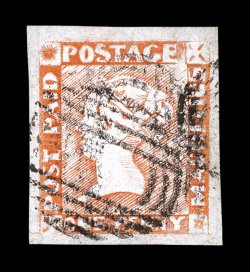 3e, 1848 1p Orange red, latest impressions, position 10, lavishly large margins all around, strong color for this, extremely fine and choice signed Kosack and accompanied by a
1998 APS certificate (S.G. 23 £475).