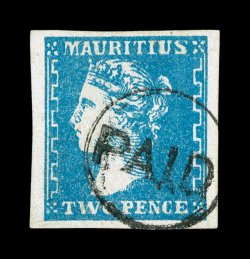 17, 1859 2p Pale blue, lithographed by Dardenne, four large margins, strong color and impression, neat Paid in circle cancel, just the faintest hint of a shallow hinge thin,
very fine clear 1979 RPS certificate (S.G. 44 £550).
