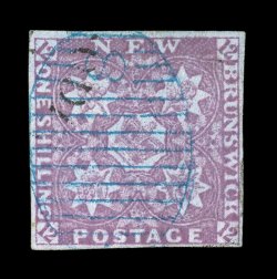 4, 1851 1- Dull violet, a most desirable example of this classic rarity, strong cold violet color and crisp detailed impression, full margins all around, light blue 8 in oval
cancel of Chatham as well as a small c.d.s. postmark, choice very