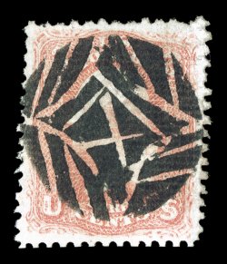 79E, 3c Rose, all-over grill essay, the so-called biscuit grill with experimental fancy diamond within a circle cancel that was applied to a small number of experimental grills
to test the affect of canceling on the grills, well centered and f