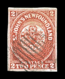 2, 1857 2p Scarlet vermilion, a premium quality used single, featuring four full to large margins, deep rich color and an unusually strong impression, lightly cancelled, choice
very fine an especially desirable example of this scarce classic 1