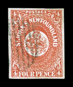 4, 4p Scarlet vermilion, an outstanding copy of this scarce value, featuring four large and balanced margins, gorgeous color and a marvelously detailed impression, light oval
grid cancel, extremely fine very rare and seldom offered in this gem