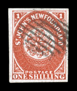 9, 1857 1- Scarlet vermilion, a magnificent example of this high value, not only possessing extraordinarily large margins all around, but it also features eye-arresting radiant
color and an incredibly vivid impression on fresh white paper, neat