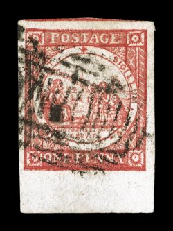 1, 1850 1p Red on yellowish wove, no clouds, impressive bottom sheet-margin single, other margins also exceptionally large, rich color and a crisp impression, extremely fine
(S.G. 3 £375).