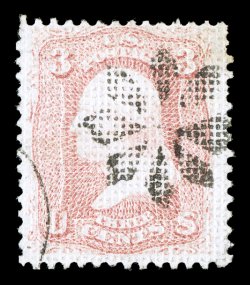 79, 3c Rose, A grill, a most desirable example of this scarce stamp, featuring excellent centering amid lavishly large margins which are almost unheard of on the A grill, plus
its perforations all around are essentially intact which is a rar