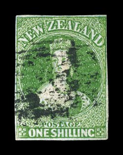3, 1855 1- Yellow green, margins all around that are mostly full, lovely rich color and a well incised impression, nearly very fine for this classic rarity (S.G. 3
£5,500).