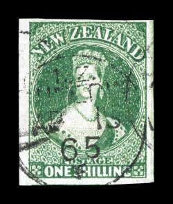 30, 1864 1- Green, an especially desirable example, large to extra-large margins all around, sumptuously rich color and an excellent clarity of impression, light c.d.s. of
Dunedin dated 4.13.65, extremely fine signed H. Bloch and accompanied b