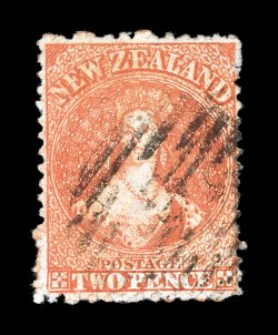 50, 1872 2p Vermilion, perf. 12 12, watermark lozenges, quite well centered for this elusive stamp, deep radiant color and a sharp impression, very fine overall 1997 RPSNZ
certificate (S.G. 142 £500).