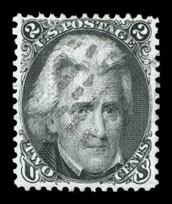 84, 2c Black, D grill, far better centering than usually seen on this terribly difficult grilled stamp, with most copies being centered strongly to the right, strong color and
impression, unusually light cancel, choice very fine a highly coll