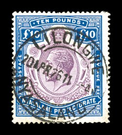 24, 1919 £10 Bright ultramarine and slate violet, a rarely seen postally used copy, which also happens to be the nick in top right scroll variety, beautiful vibrant colors,
neat centrally struck Lilongwe c.d.s., faint trace of soiling at bot