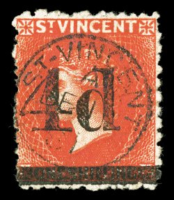 33, 1881 4d on 1- Vermilion, radiant color, neat central c.d.s. cancel, two tiny thin specks, otherwise a fine example of this scarce stamp 2005 BPA certificate (S.G. 35
£800).