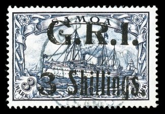112, 1914 G.R.I.3 Shillings Surcharge on 3M Black violet, strong rich color, light Apia 10.9.14 c.d.s., very fine only 458 stamps were surcharged 1978 Buhler certificate (S.G.
113 £1,200).