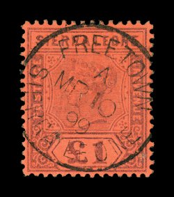 46, 1896 £1 Violet on red, exceedingly well centered, bright colors, centrally struck Freetown Mar 10, 1899 c.d.s. cancel, very fine and uncommonly choice (S.G. 53
£475).