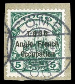 49, 1914 (Oct.) 5pf Green, narrow setting overprint, tied to piece by Lome 29.10.14 c.d.s., exceptionally well centered and fresh, very fine only about 40 examples printed 2007
BPA certificate (S.G. H15 £700).