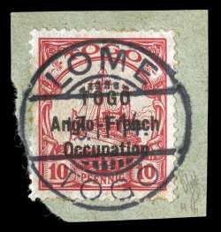 50, 1914 (Oct.) 10pf Carmine, narrow setting overprint, strong color and perfectly centered, boldly tied to piece by LomeTogo(Nov) 13 (19)14 c.d.s., short perf. (or folded
under) at bottom and lower left corner perf. creased, otherwise very