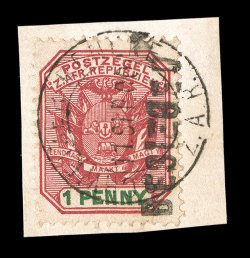 233, 1900 1p Rose and green, with BESIEGED overprint, tied to piece by complete double ring c.d.s., strong vibrant colors, very fine 1986 Brandon certificate (S.G. 2
£250).