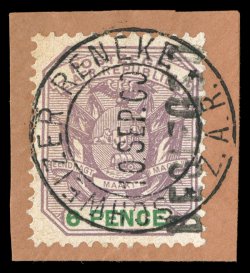 235, 1900 6p Violet and green, with BESIEGED overprint, tied to piece by complete strike of double ring c.d.s. dated 10 Sep 1900, attractive colors, very fine a highly
collectable example of this very scarce stamp 1956 RPS certificate (S.G.