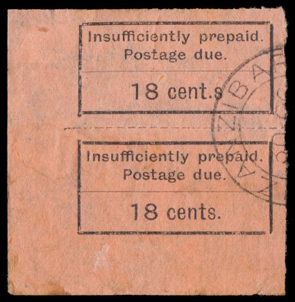 J4 var.J8 var., 9c, 15c, 18c and 21c Orange postage dues, cent.s variety, each is in a vertical bottom left margin pair with the normal (this variety occurring only on position
41 in the sheet of twenty), some small faults as usual on this f