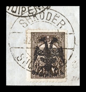 1, 1913 2 12pi violet brown, tied to piece by complete Shkoder town c.d.s., strong color and impression, very fine 1990 PF certificate (Michel 9 Ç800).