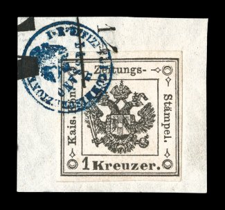 PR1, 1858 1Kr Black newspaper tax stamp, tied to piece by petite blue circular I.R. Uffizio Di Commissurazione In Bassano, full to large margins all around, exceedingly fresh,
very fine and choice a lovely example of this rare stamp signed B