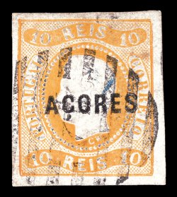 2, 1868 10r Yellow, four large margins, eight-bar cancel, small stain on back at top right just barely shows through, otherwise a very fine example of one of the rarest stamps
in all the Portuguese Colonies clear 1952 Darteyre and undated I.S.P