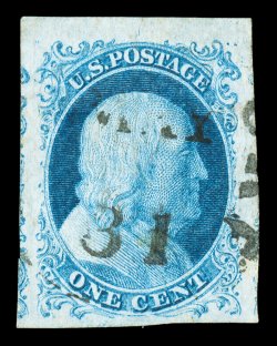 5A, 1c Blue, Ty. Ib, position 5R1E, spectacular appearing example of this rare stamp, featuring huge margins all around, wonderfully fresh color and paper, unobtrusive town
c.d.s. that leaves all of the important Type 1b characteristics clearly