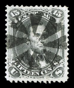 91, 15c Black, E grill, well centered within uncharacteristically large margins, clean impression, socked on the nose circle of wedges cancel, tiny natural paper wrinkle at top
right, otherwise extremely fine clear 1987 PF certificate.