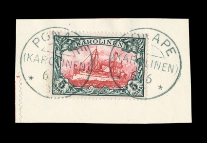 19, 1901 5M Slate and carmine, tied to piece by two complete strikes of Ponape c.d.s. dated 6.6.07, strong rich colors, nicely centered, very fine and uncommonly choice 2007
Steuer certificate (Michel 19 Ç600).