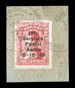 C1, 1919 10c Rose air post, tied to piece by light violet c.d.s. postmarks, bright color, very fine the Scott catalog value of this air post rarity is for a faulty copy, with
exceptional examples such as this being even more rare signed Buhler