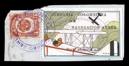C7, 1920 10c Fuselage and tail of plane air post, tied to piece along with 358 by violet c.d.s. dated 22 Feb 1920, stamp also with a centrally struck light violet oval
postmark, bright fresh colors, ample to mostly large margins, very fine a h