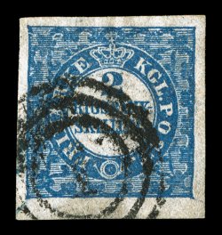 1, 2rs Blue, Thiele printing, position 25, four large to huge margins, 1 in target cancel, strong color and impression, certificate notes the paper is extremely thin (possibly
thinned down), extremely fine 1981 Debo certificate (Facit 1II S