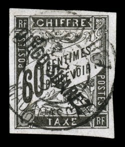 J12, 1892 60c Black postage due, wonderfully bright and fresh, four large margins, light c.d.s. cancel, very fine 2000 J.F. Brun certificate (Yvert TT12 Ç850).