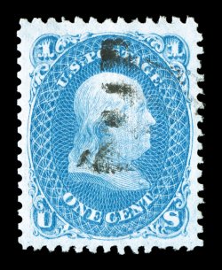 92, 1c Blue, F grill, a highly select single, in a quality few others can match, impeccably well centered amid exceedingly large and well balanced margins, marvelously fresh
color on pristine paper, lightly Paid straight line cancel, extreme
