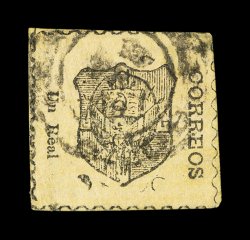 4, 1865 1r Black on straw, frame lines visible on all four sides, Santo Domingo c.d.s., small thin spot in the top right corner, otherwise a fine example of this rare stamp
2006 Rendon certificate.